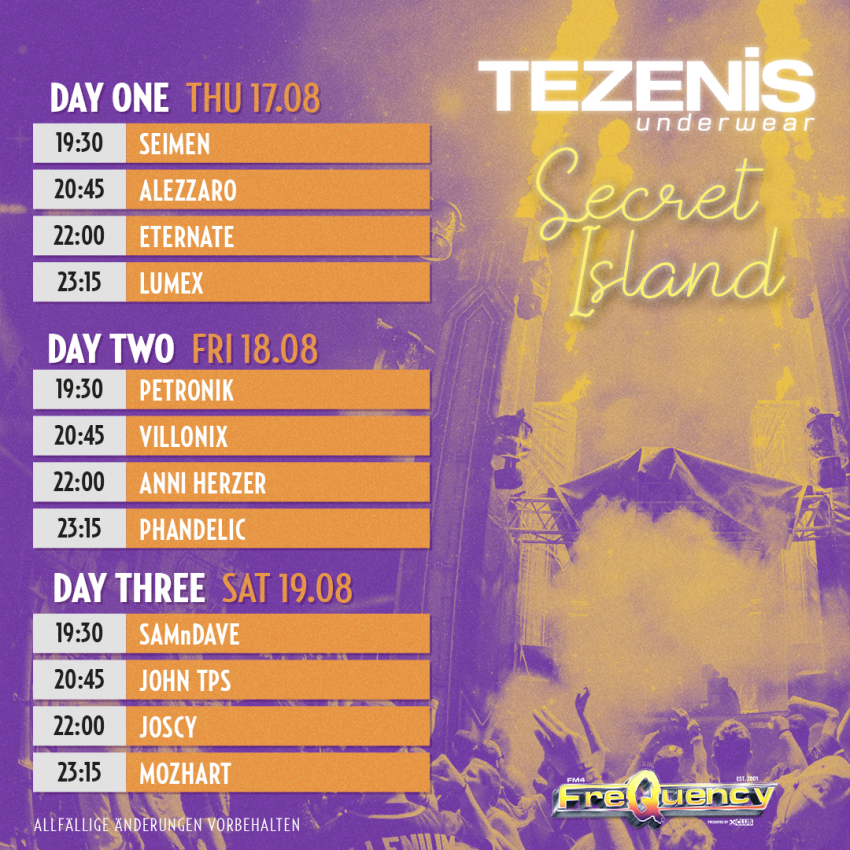 Tezenis Secret Island Timetable out now! FM4 Frequency Festival